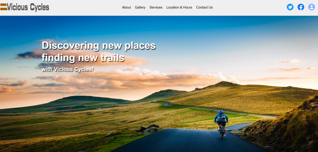 Screenshot of my final project homepage, a bicycle store website called Vicious Cycles.
